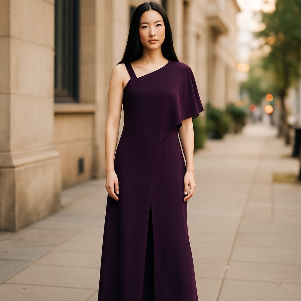 NWT R & M richards Jumpsuit with Overlay and Draped Sleeves PLUM SZ-14 Stretch